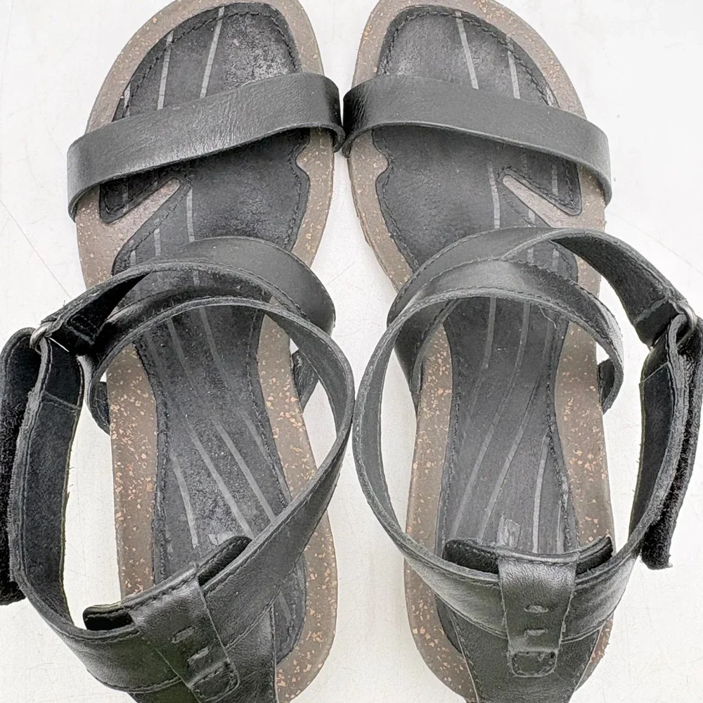 Teva Wedge Sandals Women 8.5 Black Excellent Leather Cork Ankle Strap Comfort